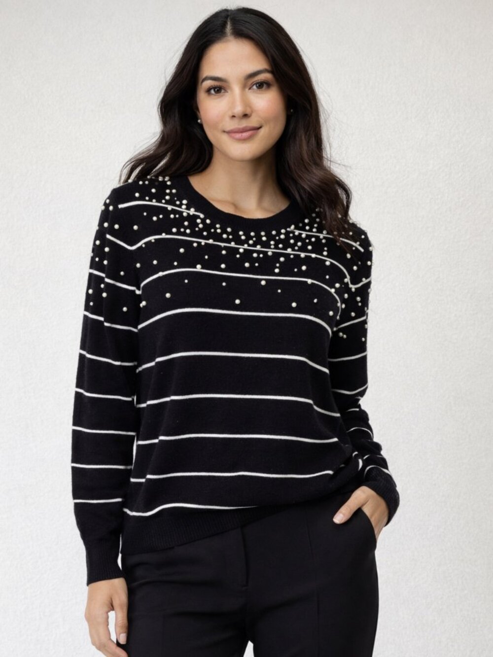 Gibsonlook Pearl Embellished Long Sleeve Striped Sweater